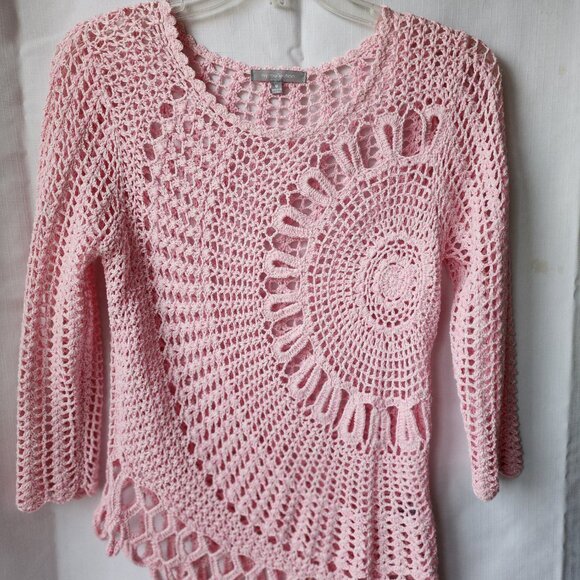 NY Collection Crochet Sweater Boho-chic Asymmetrical Circular Soft blush pink M. - Picture 2 of 7